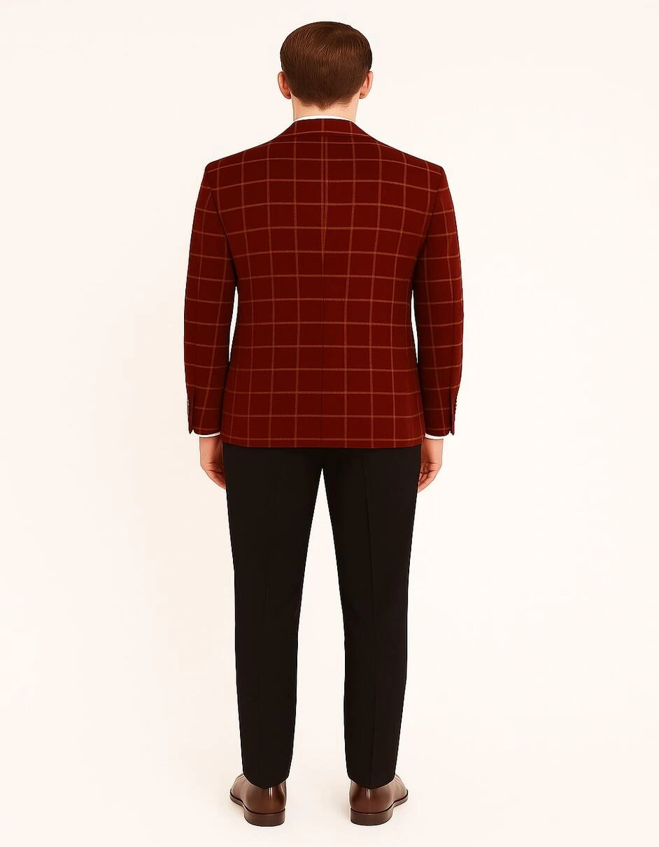 "Láime Red Velvet Blazer: Stylish Tartan Jacket for Festive Moments."